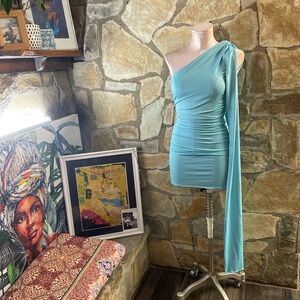 Moda International aqua ruched one-shoulder mini dress ✨